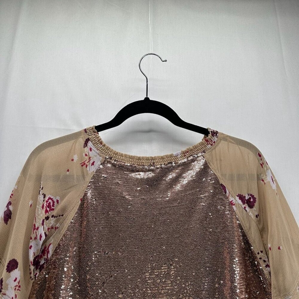 Free People Top Size S Shimmy & Shake Sequin Floral Tiered Bell Sleeve Brown - Picture 6 of 12